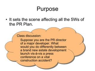 Purpose It sets the scene affecting all the 5Ws of the PR Plan. Class discussion: Suppose you are the PR director of a major developer. What would you do differently between a brand new estate development launch vis-à-vis a press conference on a vital construction accident?  