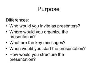 Purpose Differences: Who would you invite as presenters? Where would you organize the presentation? What are the key messages? When would you start the presentation? How would you structure the presentation? 