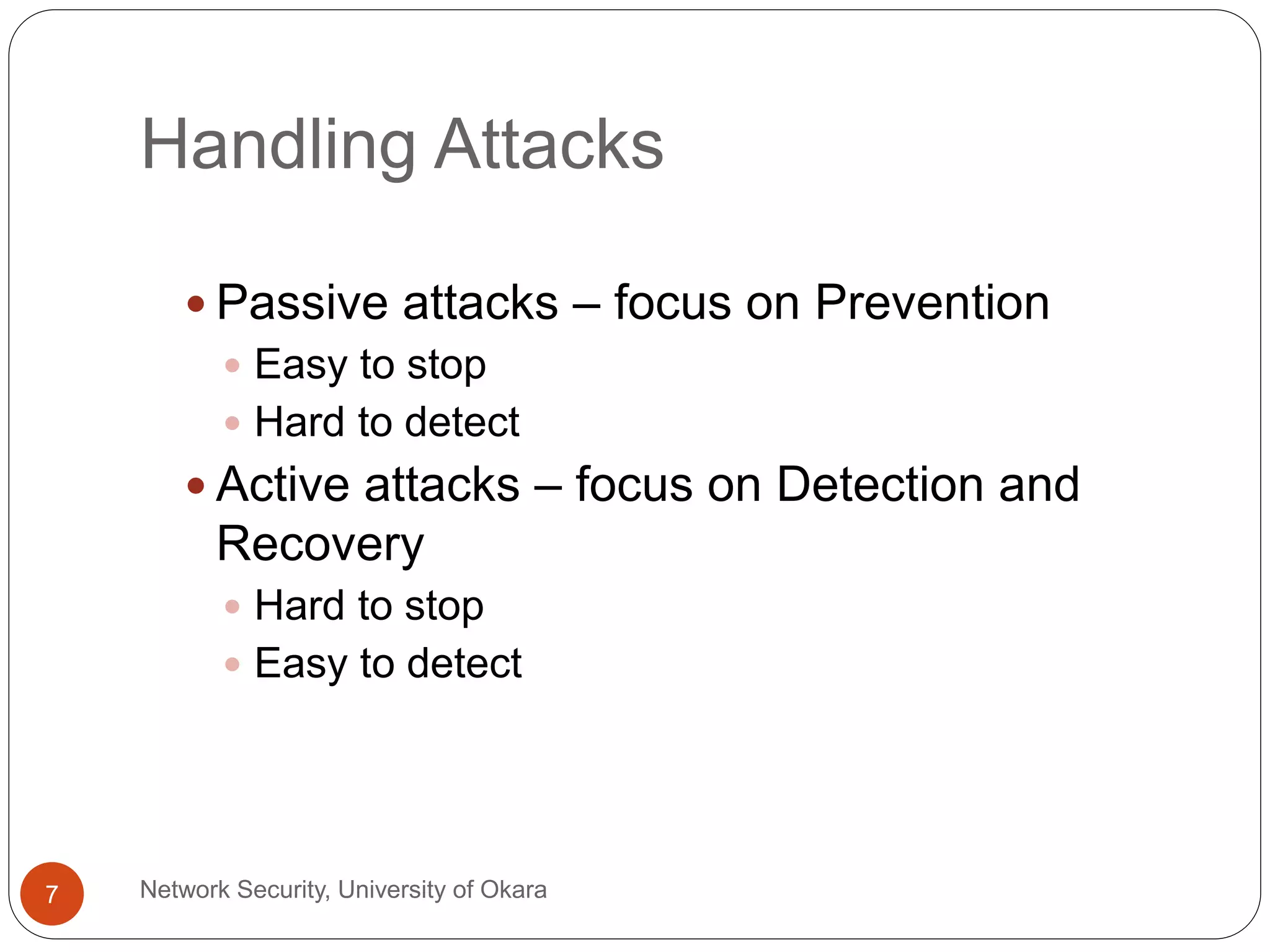 Handling Attacks
Network Security, University of Okara7
Passive attacks – focus on Prevention
Easy to stop
Hard to detect
Active attacks – focus on Detection and
Recovery
Hard to stop
Easy to detect