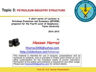 Prof. Dr. H.Z. Harraz Presentation
PETROLEUM INDUSTRY STRUCTURE
Hassan Z. Harraz
hharraz2006@yahoo.com
2015- 2016
This material is intended for use in lectures, presentations and as
handouts to students, and is provided in Power point format so as to
allow customization for the individual needs of course instructors.
Permission of the author and publisher is required for any other usage.
Please see hharraz2006@yahoo.com for contact details.
 