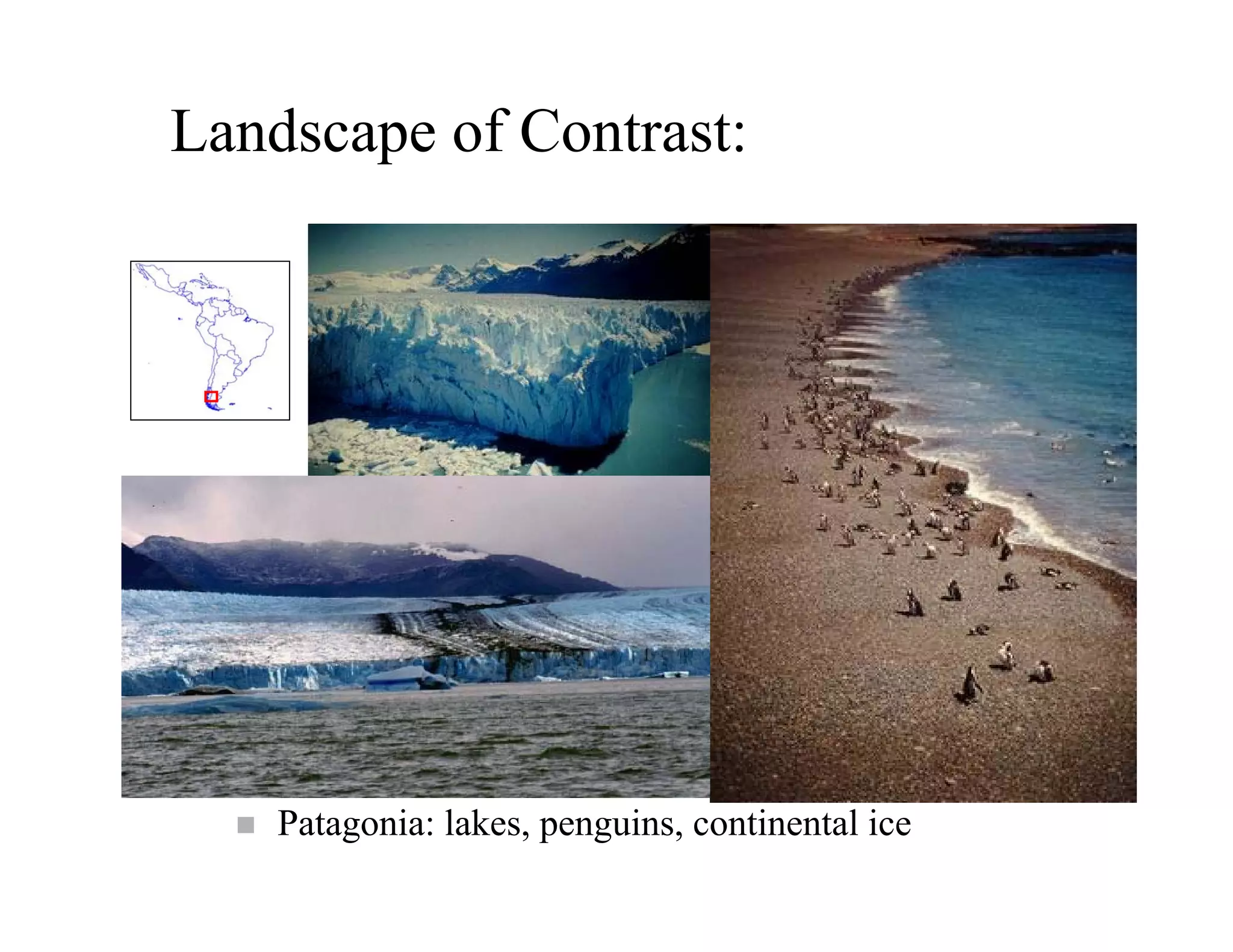 Landscape of Contrast:




    Patagonia: lakes, penguins, continental ice
 