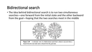 Bidirectional search
• The idea behind bidirectional search is to run two simultaneous
searches—one forward from the initial state and the other backward
from the goal—hoping that the two searches meet in the middle
 