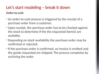 • An order-to-cash process is triggered by the receipt of a
purchase order from a customer.
• Upon receipt, the purchase order has to be checked against
the stock to determine if the the requested item(s) are
available.
• Depending on stock availability the purchase order may be
confirmed or rejected.
• If the purchase order is confirmed, an invoice is emitted and
the goods requested are shipped. The process completes by
archiving the order.
Let’s start modeling – break it down
Order-to-cash
 