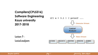 Compilers(CPL5316)
Software Engineering
Koya university
2017-2018
Lecture 3 :
Lexical analysers
Compilers (cpl5316) Page 1 Lectured by : Rebaz Najeeb
 