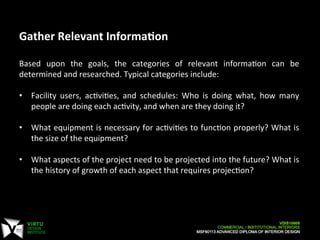  
	
  
Gather	
  Relevant	
  Informa:on	
  
	
  
Based	
   upon	
   the	
   goals,	
   the	
   categories	
   of	
   relevant	
   informaCon	
   can	
   be	
  
determined	
  and	
  researched.	
  Typical	
  categories	
  include:	
  
	
  
•  Facility	
   users,	
   acCviCes,	
   and	
   schedules:	
   Who	
   is	
   doing	
   what,	
   how	
   many	
  
people	
  are	
  doing	
  each	
  acCvity,	
  and	
  when	
  are	
  they	
  doing	
  it?	
  
•  What	
  equipment	
  is	
  necessary	
  for	
  acCviCes	
  to	
  funcCon	
  properly?	
  What	
  is	
  
the	
  size	
  of	
  the	
  equipment?	
  
•  What	
  aspects	
  of	
  the	
  project	
  need	
  to	
  be	
  projected	
  into	
  the	
  future?	
  What	
  is	
  
the	
  history	
  of	
  growth	
  of	
  each	
  aspect	
  that	
  requires	
  projecCon?	
  
 