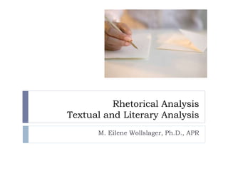 Rhetorical Analysis
Textual and Literary Analysis
M. Eilene Wollslager, Ph.D., APR
 