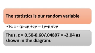 The statistics is our random variable
•So, z = ( 𝒑-µ 𝒑)/σ 𝒑 = ( 𝒑−𝒑)/σ 𝒑
Thus, z = 0.50-0.60/.04897 = -2.04 as
shown in the diagram.
 