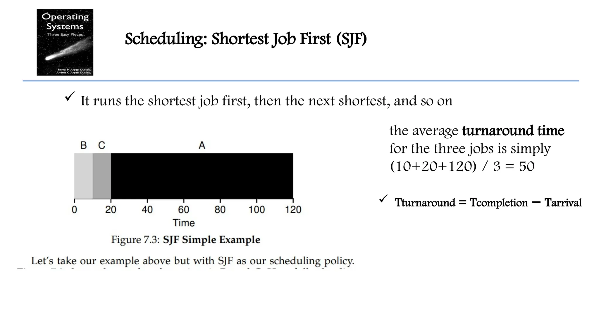 Scheduling: Shortest Job First (SJF)
 It runs the shortest job first, then the next shortest, and so on
the average turnaround time
for the three jobs is simply
(10+20+120) / 3 = 50
 Tturnaround = Tcompletion T
− arrival
 
