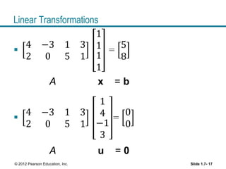 Linear Transformations
Slide 1.7- 17© 2012 Pearson Education, Inc.
A x = b
A u = 0
 