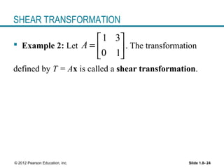 Slide 1.8- 24© 2012 Pearson Education, Inc.
SHEAR TRANSFORMATION
 Example 2: Let . The transformation
defined by T = Ax is called a shear transformation.
1 3
0 1
A
 
=  
 
 