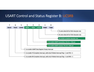 USART Control and Status Register B: UCSRB
0
1
2
3
4
5
6
7
TXB8
RXB8
UCSZ2
TXEN
RXEN
UDRIE
TXCIE
RXCIE
Tx extra data bit for 9-bit character size
Rx extra data bit for 9-bit character size
bit UCSZ2 to decide character size
1 to enable USART transmitter: Pin D.1 = TXD pin
1 to enable USART receiver: Pin D 0 = RXD pin
1 to enable USART Data Register Empty Interrupt
1 to enable TX Complete Interrupt, valid only if Global Interrupt Flag = 1 and TXC = 1
1 to enable RX Complete Interrupt, valid only if Global Interrupt Flag = 1 and RXC = 1
 