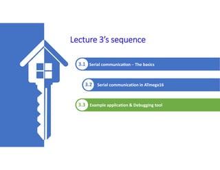 Lecture 3’s sequence
3.2
3.3
Serial communica on ─ The basics
Serial communication in ATmega16
Review of C Programming
Example application & Debugging tool
3.1
 