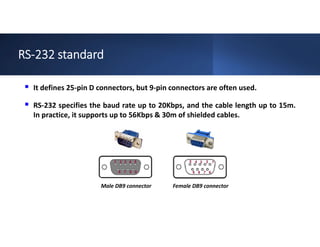 RS-232 standard
 It defines 25-pin D connectors, but 9-pin connectors are often used.
 RS-232 specifies the baud rate up to 20Kbps, and the cable length up to 15m.
In practice, it supports up to 56Kbps & 30m of shielded cables.
Male DB9 connector Female DB9 connector
 