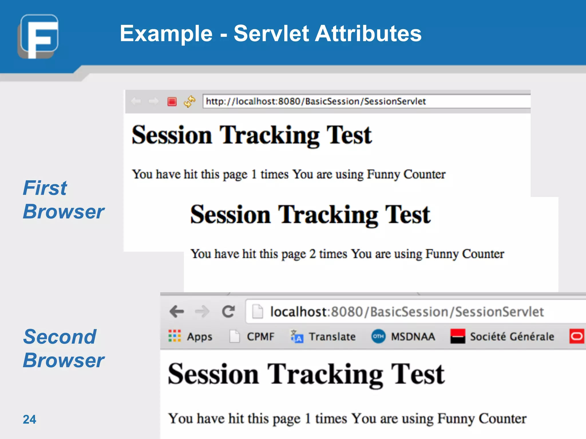 Example - Servlet Attributes
24
First
Browser
Second
Browser
 