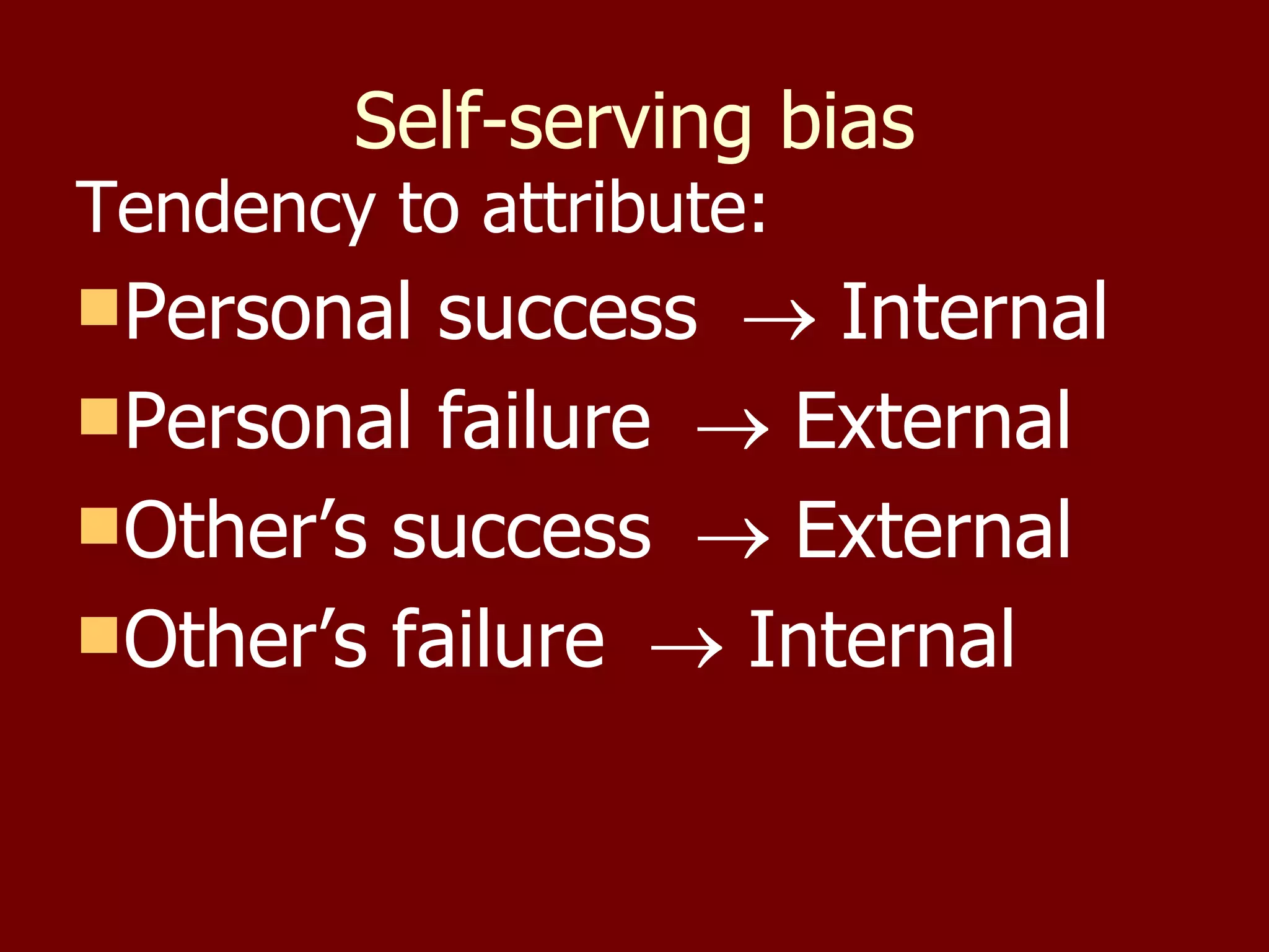 Self-serving bias Tendency to attribute: Personal success    Internal Personal failure    External Other’s success    External Other’s failure    Internal 