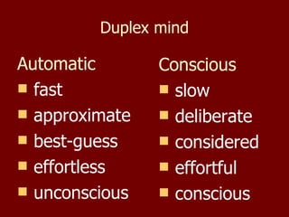 Duplex mind Automatic fast approximate best-guess effortless unconscious  Conscious slow deliberate considered effortful conscious 