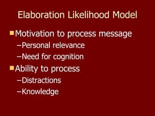 Elaboration Likelihood Model Motivation to process message Personal relevance Need for cognition Ability to process Distractions Knowledge 