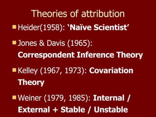 Theories of attribution Heider(1958):  ‘Naïve Scientist’ Jones & Davis (1965):  Correspondent Inference Theory Kelley (1967, 1973):  Covariation Theory Weiner (1979, 1985):  Internal / External + Stable / Unstable 
