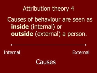 Attribution theory 4 Causes of behaviour are seen as  inside  (internal) or  outside  (external) a person. Internal External Causes 