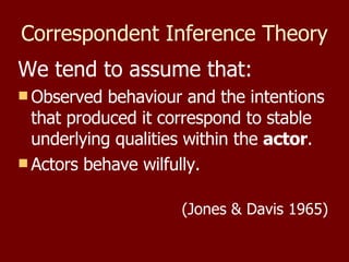 Correspondent Inference Theory   We tend to assume that:  Observed behaviour and the intentions that produced it correspond to stable underlying qualities within the  actor . Actors behave wilfully. (Jones & Davis 1965) 