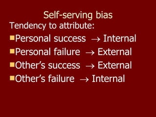 Self-serving bias Tendency to attribute: Personal success    Internal Personal failure    External Other’s success    External Other’s failure    Internal 