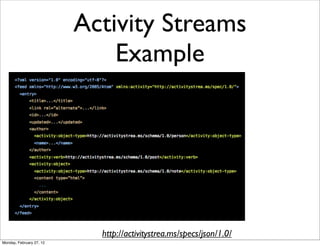 Activity Streams
                              Example




                            http://activitystrea.ms/specs/json/1.0/
Monday, February 27, 12
 