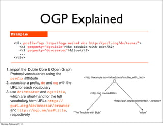 OGP Explained


     1. import the Dublin Core & Open Graph
        Protocol vocabularies using the
        prefix attribute
     2. associate a preﬁx, dc and og with the
        URL for each vocabulary
     3. use dc:creator and og:title,
        which are short-hand for the full
        vocabulary term URLs http://
        purl.org/dc/creator/creator
        and http://ogp.me/ns#title,
        respectively

Monday, February 27, 12
 