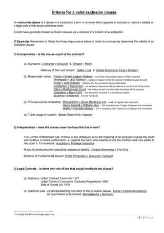 Criteria for a valid exclusion clause

An exclusion clause is a clause in a contract or a term in a notice which appears to exclude or restrict a liability or
a legal duty which would otherwise arise.

Courts have generally treated exclusion clauses as a defence to a breach of an obligation.


 Exam tip: Remember to follow the three step process below in order to conclusively determine the validity of an
exclusion clause.


1) Incorporation – is the clause a part of the contract?


           (a) Signature: L’Estrange v Graucob & Grogan v Robin

                              Defence of ‘Non est factum’: Gallie v Lee & United Dominions Trust v Western

           (b) Reasonable notice: Parker v South Eastern Railway – must take reasonable steps to inform claimant
                                  Thompson v LMS Railway*– exclusion clause inside the railway timetable is good enough
                                  Sugar v LMS Railway – reference to the exclusion clause obliterated
                                  Henderson v Stevenson – an exclusion clause should be referred to on the front of the ticket
                                  Olley v Marlborough Court – the notice should not come after formation of the contract
                                  Chapelton v Barry UDC – the document must be of a contractual nature
                                  Spurling v Bradshaw – the red hand rule

           (c) Previous course of dealing: McCutcheon v David MacBryne Ltd – must be regular and consistent
                                           Henry Kendall v William Lilico – 100 contracts over 3 years is regular and consistent
                                           Hollier v Rambler Motors – 3 or 4 contracts over 5 years is not regular and consistent

           (d) Trade usage or custom: British Crane Hire v Ipswich



2) Interpretation – does the clause cover the loss that has arisen?


           The Contra Proferentum rule: If there is any ambiguity as to the meaning of an exclusion clause the court
           will construe it contra proferentum i.e. against the party who inserted it into the contract and now seeks to
           rely upon it. For example: Houghton v Trafalgar Insurance

           Rules of construction for excluding negligence liability: Canada Steamship v The King

           Doctrine of Fundamental Breach: Photo Production v Securicor Transport



3) Legal Controls – is there any rule of law that would invalidate the clause?


           (a) Statutory: Unfair Contract Terms Act 1977
                          Unfair Terms in Consumer Contracts Regulations 1999
                          Sale of Goods Act 1979

           (b) Common Law: (i) Misrepresenting the effect of the exclusion clause: Curtis v Chemical Cleaning
                           (ii) Inconsistent oral promise: Mendelssohn v Normand




* It is likely that this is no longer good law.
                                                                                                                   -8-|Page
 