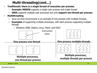 Multi-threading(cont...)
• Traditionally there is a single thread of execution per process.
• Example: MSDOS supports a single user process and single thread.
• UNIX supports multiple user processes but only support one thread per process.
• Multithreading
• Java run time environment is an example of one process with multiple threads.
• Examples of supporting multiple processes, with each process supporting multiple
threads
• Windows 2000, Solaris, Linux, Mach, and OS/2
One process one thread One process multiple threads
Multiple processes,
one thread per process
Multiple processes,
multiple threads per process
Instruction
trace
January 4, 2023 15
Operating Systems
 