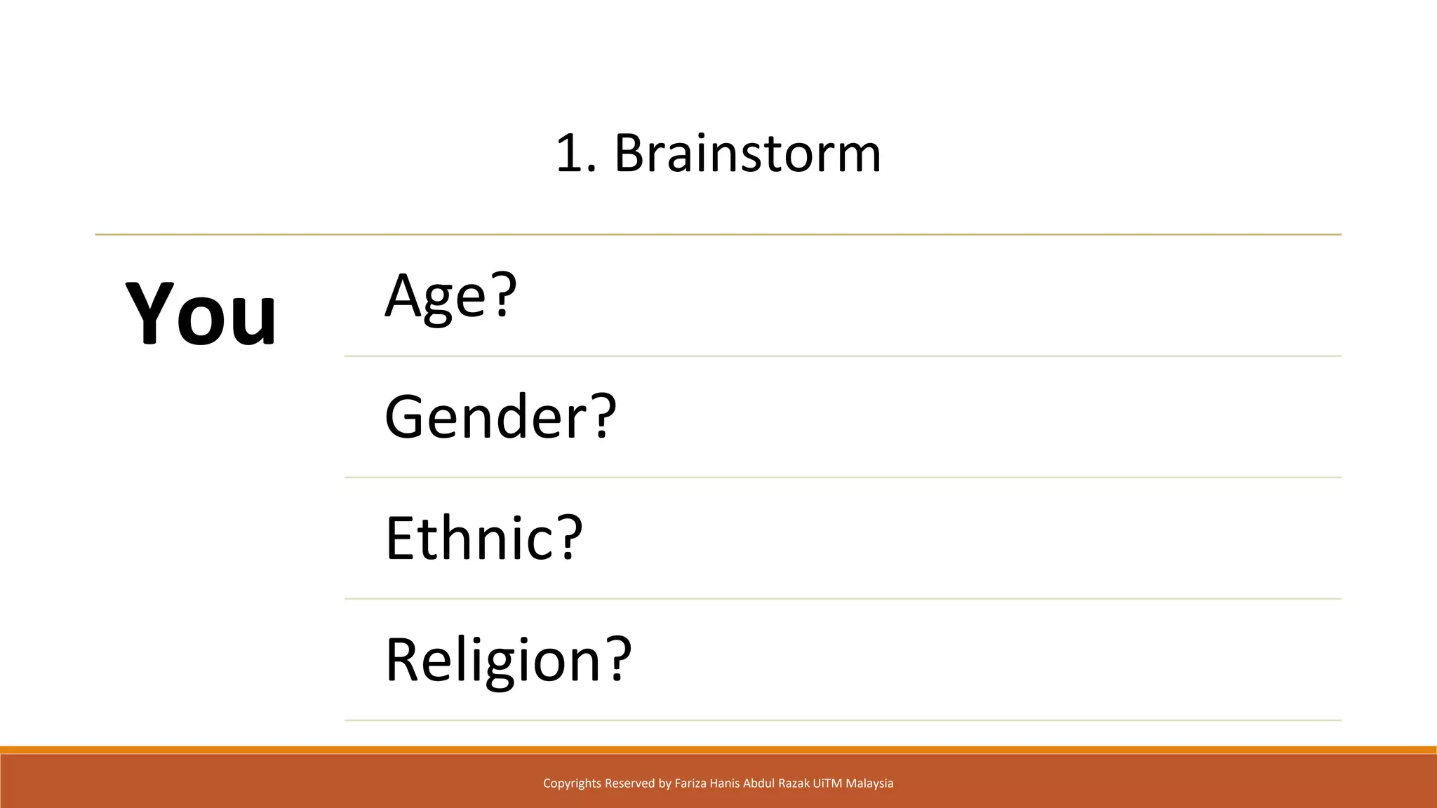 1. Brainstorm
You Age?
Gender?
Ethnic?
Religion?
Copyrights Reserved by Fariza Hanis Abdul Razak UiTM Malaysia
 