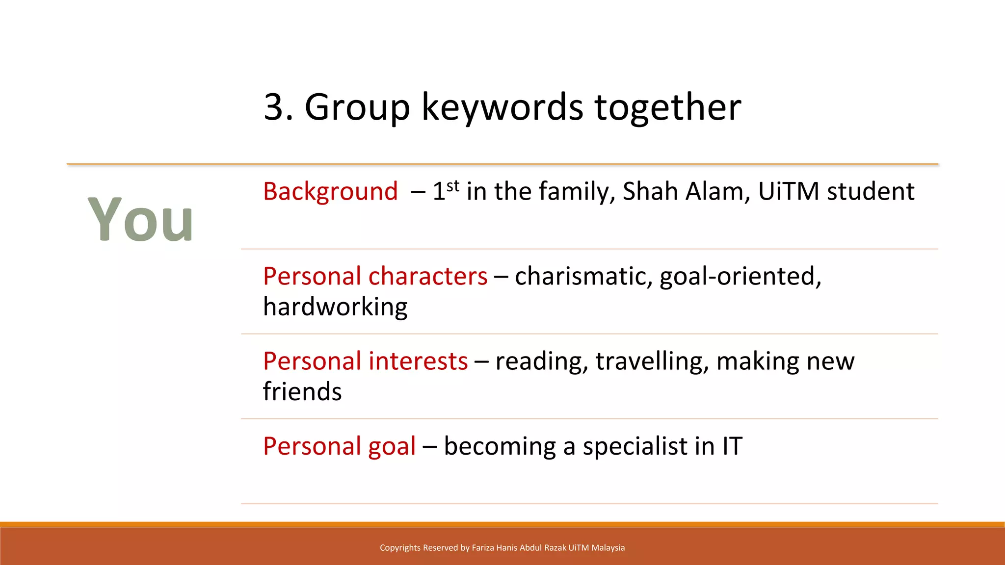 3. Group keywords together
You
Background – 1st in the family, Shah Alam, UiTM student
Personal characters – charismatic, goal-oriented,
hardworking
Personal interests – reading, travelling, making new
friends
Personal goal – becoming a specialist in IT
Copyrights Reserved by Fariza Hanis Abdul Razak UiTM Malaysia
 