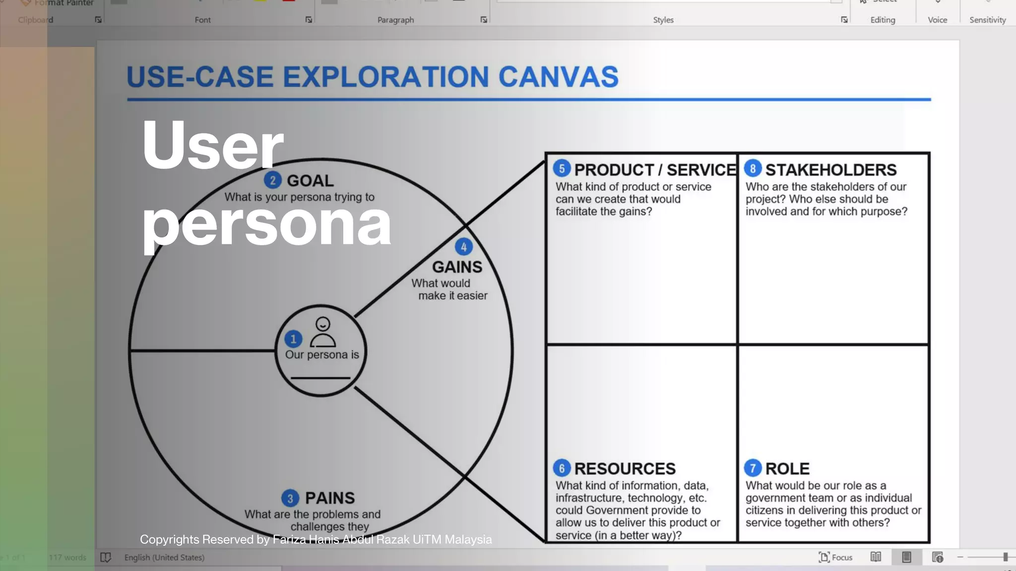 User
persona
Copyrights Reserved by Fariza Hanis Abdul Razak UiTM Malaysia
 