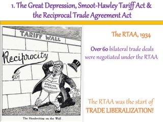 1. The Great Depression, Smoot-Hawley Tariff Act &
the Reciprocal Trade Agreement Act
The RTAA, 1934
Over60 bilateral trade deals
were negotiated under the RTAA
The RTAA was the start of
TRADE LIBERALIZATION!
 