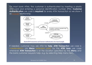 On most bank ATMs, the customer is authenticated by inserting a plastic
ATM card and entering a personal identification number (PIN). Customer
Authentication use case is required for every ATM transaction so we show it
as include relationship.
Ramakant Soni @ BKBIET Pilani 16
If needed, customer may ask ATM for help. ATM Transaction use case is
<<extended>> via Menu extension point by the ATM Help use case
whenever ATM Transaction is at the location specified by the Menu and
the bank customer requests help, e.g. by selecting Help menu item.
 