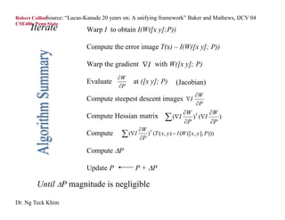 Source: “Lucas-Kanade 20 years on: A unifying framework” Baker and Mathews, IJCV 04
Robert Collins
CSE486, Penn State
      Iterate               Warp I to obtain I(W([x y];P))

                            Compute the error image T(x) – I(W([x y]; P))

                            Warp the gradient I with W([x y]; P)
                                        W
                            Evaluate           at ([x y]; P)          (Jacobian)
                                        P
                                                                                W
                            Compute steepest descent images I
                                                                                P
                                                                          W T     W
                            Compute Hessian matrix               (I     P
                                                                             ) (I
                                                                                   P
                                                                                      )

                                                   W T
                            Compute        ( I   P
                                                      ) (T ( x, y )  I (W ([ x, y ]; P )))

                            Compute P

                            Update P           P + P

        Until P magnitude is negligible

Dr. Ng Teck Khim
 