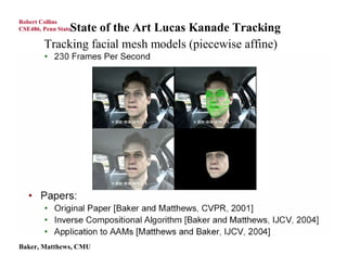Robert Collins
             State of the Art Lucas Kanade Tracking
CSE486, Penn State

        Tracking facial mesh models (piecewise affine)




                                    QuickTime™ and a
                              YUV420 codec decompressor
                             are needed to see this picture.




Baker, Matthews, CMU
 
