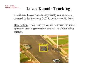 Robert Collins
CSE486, Penn State
                      Lucas Kanade Tracking
           Traditional Lucas-Kanade is typically run on small,
           corner-like features (e.g. 5x5) to compute optic flow.

           Observation: There’s no reason we can’t use the same
           approach on a larger window around the object being
           tracked.



                                 80x50 pixels
 