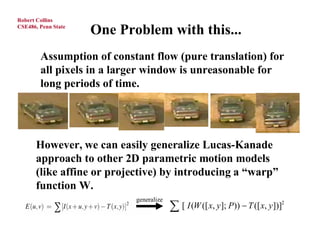 Robert Collins
CSE486, Penn State
                     One Problem with this...
        Assumption of constant flow (pure translation) for
        all pixels in a larger window is unreasonable for
        long periods of time.




      However, we can easily generalize Lucas-Kanade
      approach to other 2D parametric motion models
      (like affine or projective) by introducing a “warp”
      function W.
                            generalize

                                 x
                                             [ I (W ([ x, y ]; P))  T ([ x, y ])]2
                                  within image patch
                                  y
                                  
 