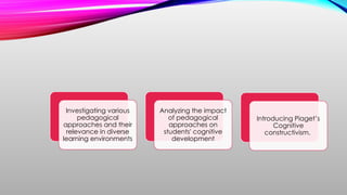 Investigating various
pedagogical
approaches and their
relevance in diverse
learning environments
Analyzing the impact
of pedagogical
approaches on
students' cognitive
development
Introducing Piaget’s
Cognitive
constructivism.
 
