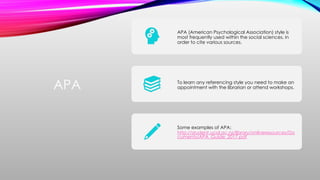 APA
APA (American Psychological Association) style is
most frequently used within the social sciences, in
order to cite various sources.
To learn any referencing style you need to make an
appointment with the librarian or attend workshops.
Some examples of APA:
http://student.ucol.ac.nz/library/onlineresources/Do
cuments/APA_Guide_2017.pdf
 