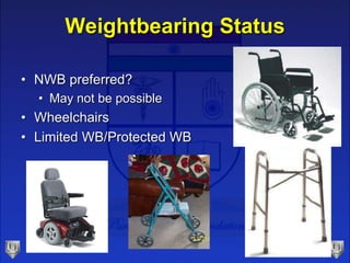 Weightbearing Status
• NWB preferred?
• May not be possible
• Wheelchairs
• Limited WB/Protected WB
 