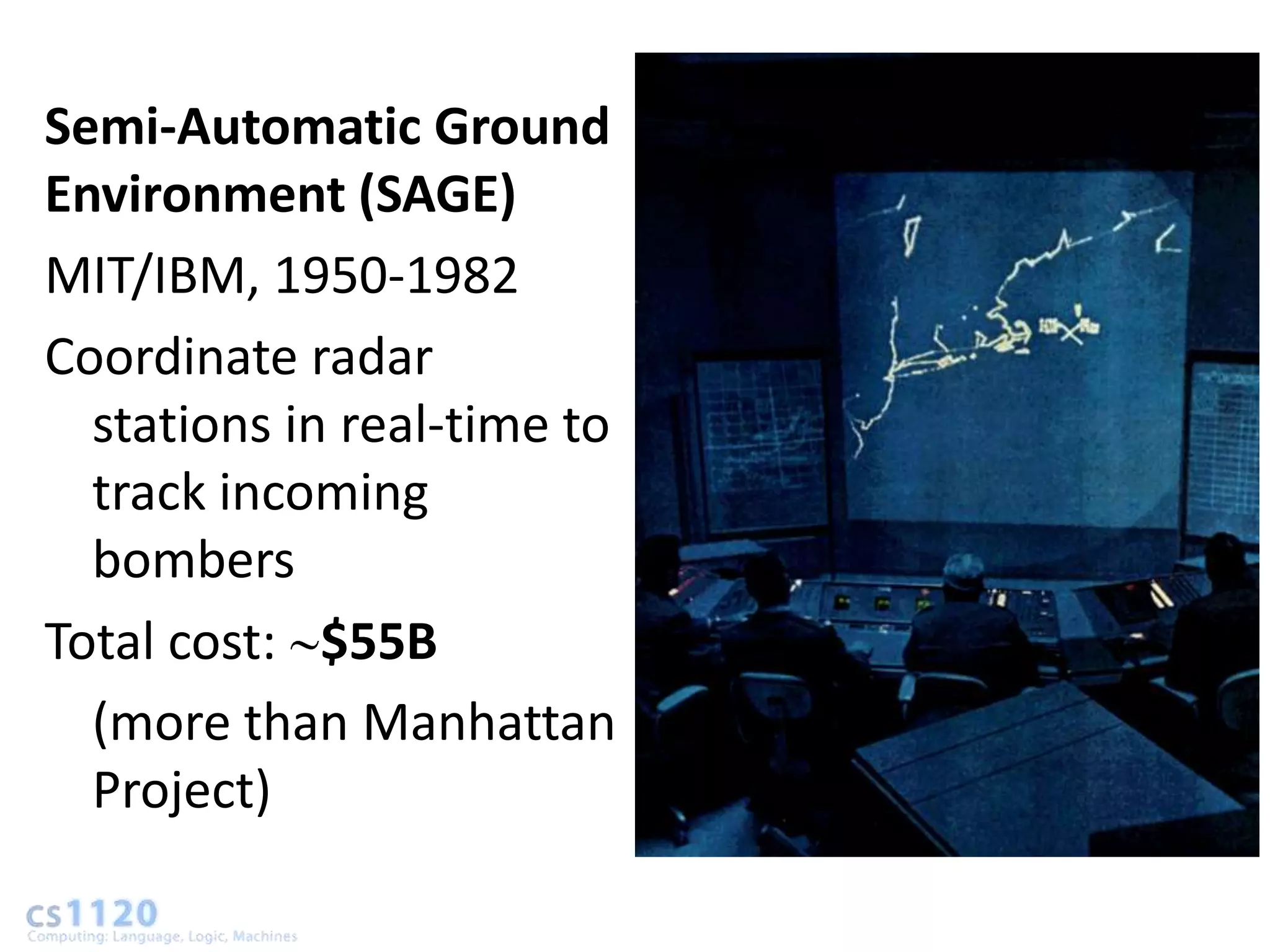 Semi-Automatic Ground
Environment (SAGE)
MIT/IBM, 1950-1982
Coordinate radar
  stations in real-time to
  track incoming
  bombers
Total cost: $55B
  (more than Manhattan
  Project)
 