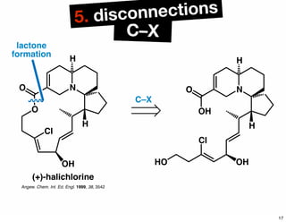 N
O
O
Cl
OH
H
H
NO
H
H
OH
OH
Cl
HO
(+)-halichlorine
Angew. Chem. Int. Ed. Engl. 1999, 38, 3542
lactone
formation
C–X
C–X
5. disconnections
17
 