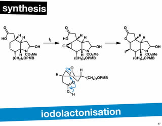 N
CO2Me
HO
H
H
O
H
(CH2)4OPMB
OH
I2
N
CO2Me
HO
H
H
O
H
(CH2)4OPMB
OHI
N
CO2Me
O
H
H
O
H
(CH2)4OPMB
OH
I
H
O
O
I H
(CH2)4OPMB
H
synthesis
iodolactonisation
47
 