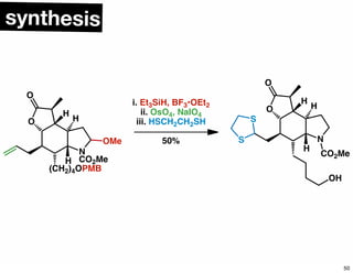 N
CO2Me
O
H
H
O
H
(CH2)4OPMB
OMe
i. Et3SiH, BF3•OEt2
ii. OsO4, NaIO4
iii. HSCH2CH2SH
50% N
O
H
H
O
H
S
S
OH
CO2Me
synthesis
50
 