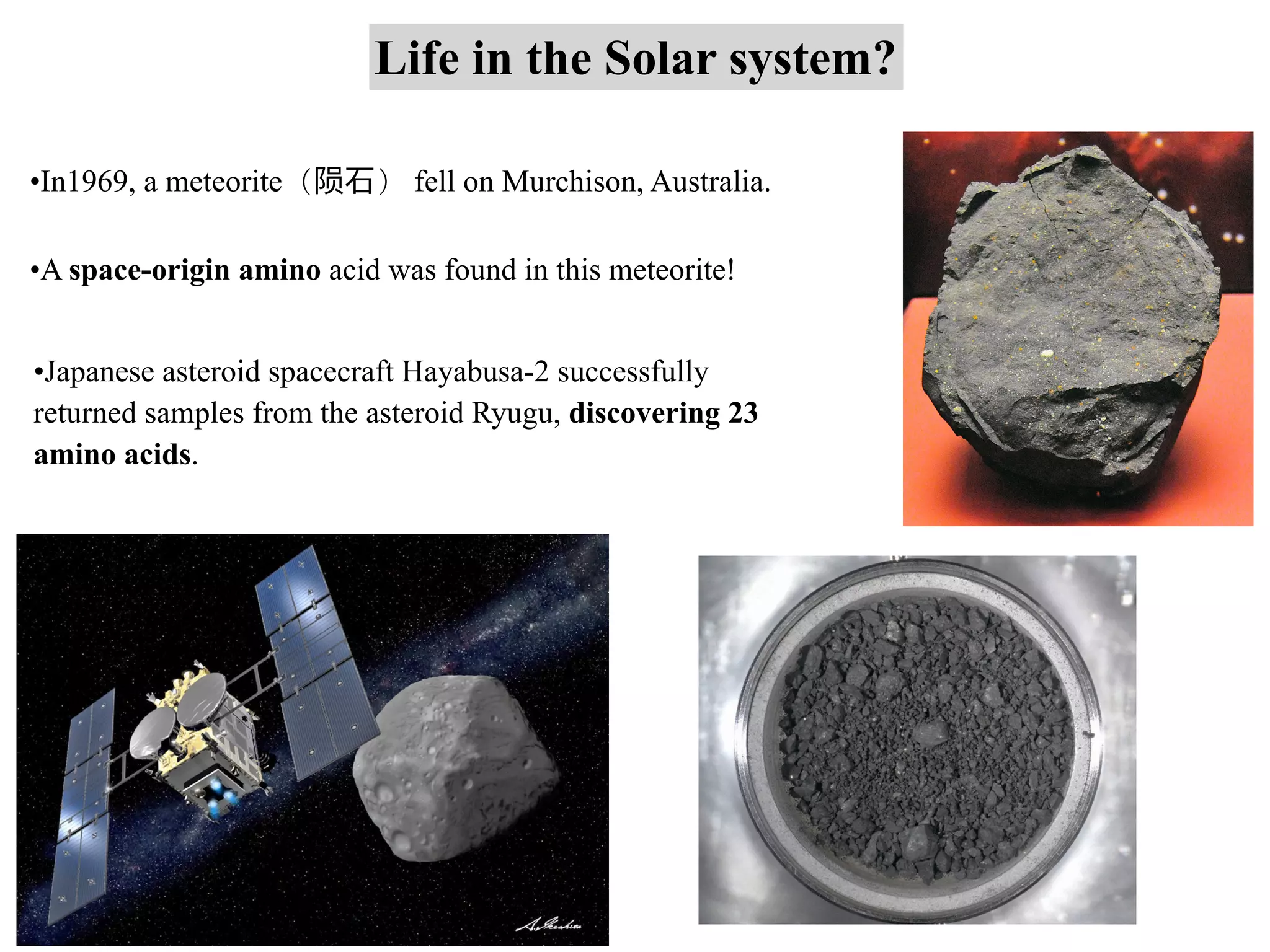 Life in the Solar system?
•In1969, a meteorite（陨⽯） fell on Murchison, Australia.
•A space-origin amino acid was found in this meteorite!
•Japanese asteroid spacecraft Hayabusa-2 successfully
returned samples from the asteroid Ryugu, discovering 23
amino acids.
 