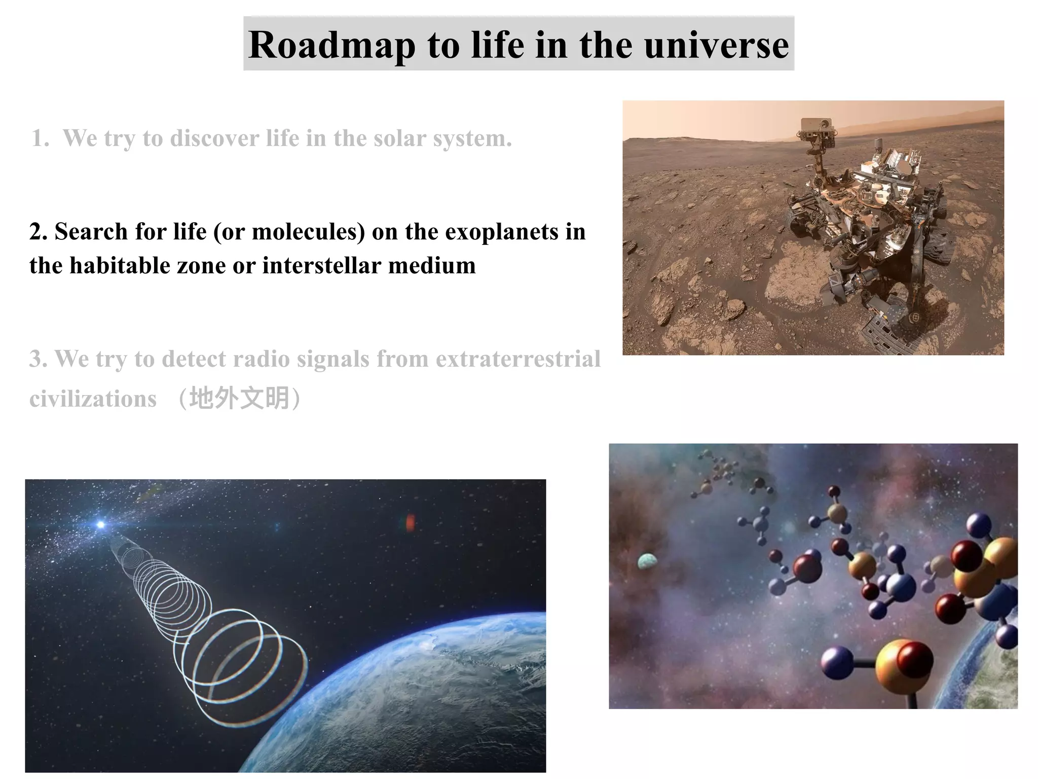 Roadmap to life in the universe
1. We try to discover life in the solar system.
2. Search for life (or molecules) on the exoplanets in
the habitable zone or interstellar medium
3. We try to detect radio signals from extraterrestrial
civilizations （地外⽂明）
 