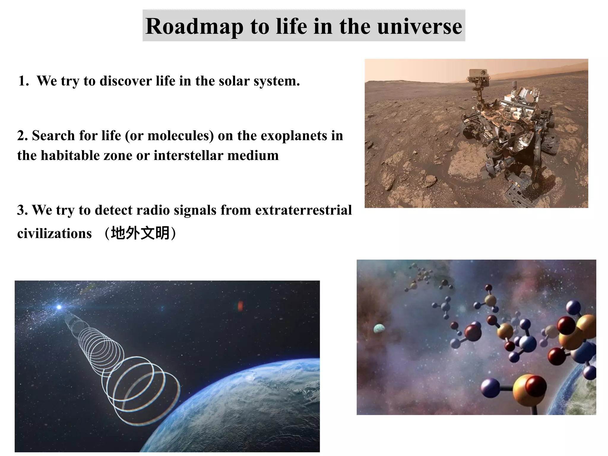 Roadmap to life in the universe
1. We try to discover life in the solar system.
2. Search for life (or molecules) on the exoplanets in
the habitable zone or interstellar medium
3. We try to detect radio signals from extraterrestrial
civilizations （地外⽂明）
 