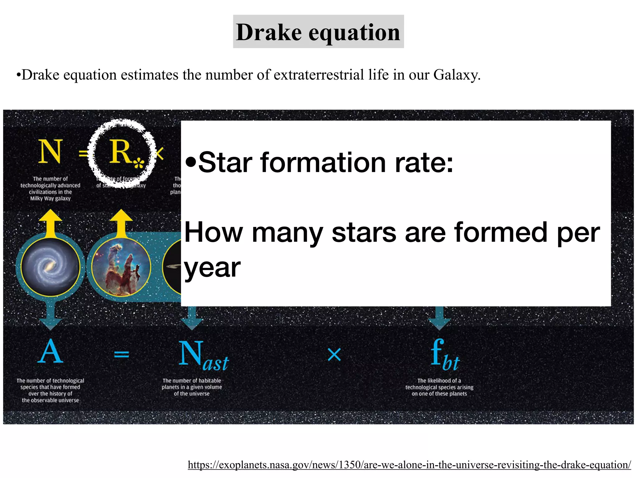 Drake equation
https://exoplanets.nasa.gov/news/1350/are-we-alone-in-the-universe-revisiting-the-drake-equation/
•Drake equation estimates the number of extraterrestrial life in our Galaxy.
•Star formation rate:
How many stars are formed per
year
 