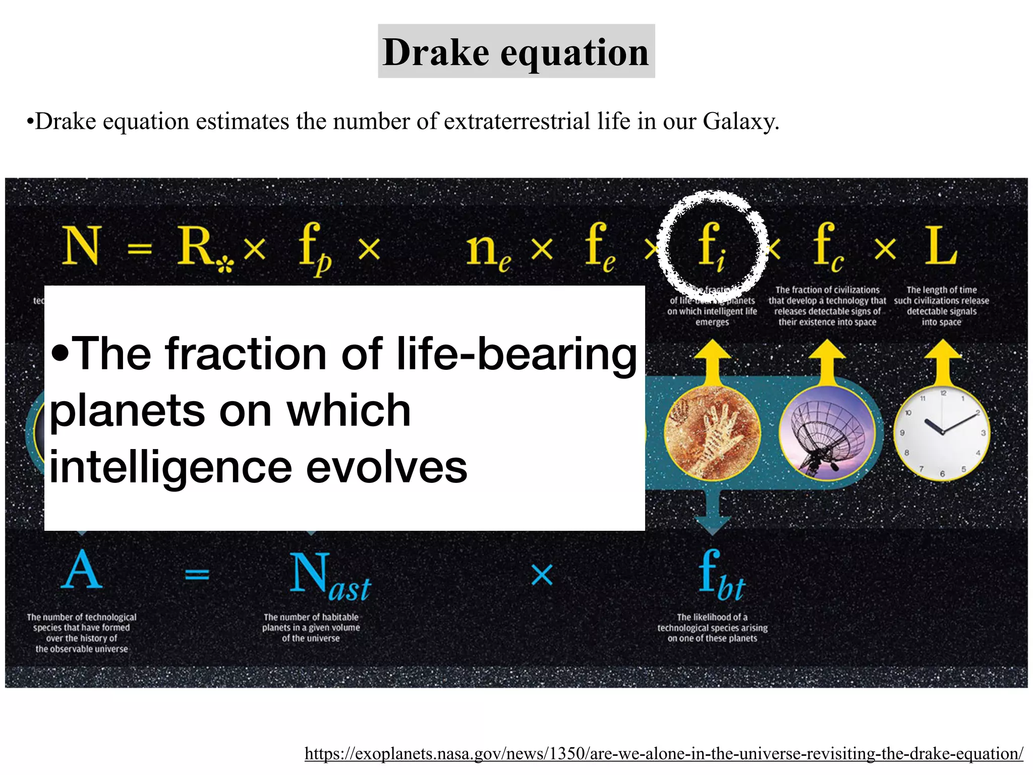 Drake equation
https://exoplanets.nasa.gov/news/1350/are-we-alone-in-the-universe-revisiting-the-drake-equation/
•Drake equation estimates the number of extraterrestrial life in our Galaxy.
•The fraction of life-bearing
planets on which
intelligence evolves
 